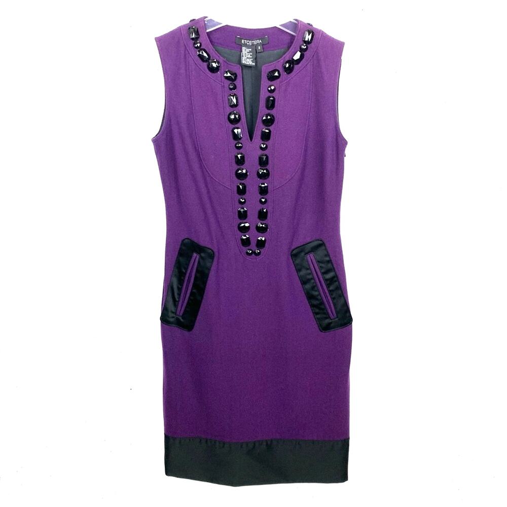 Etcetera Beaded Neckline Sleeveless Wool Sheath Pockets Black Purple Size 2